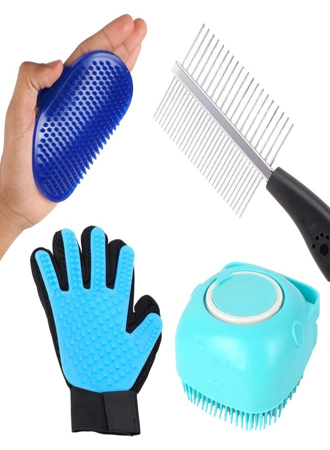 مجموعة العناية بالحيوانات الأليفة مع مشط معدني، وقفاز لإزالة الشعر الزائد، وفرشاة تدليك من السيليكون، وأدوات احترافية لإزالة شعر الكلاب والقطط، لون أزرق (عبوة من 4 قطع) - Image 1